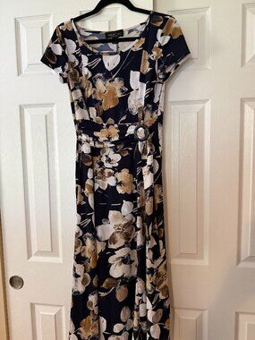 Perceptions New York Navy Tan Floral Belted Midi  Dress Size Small